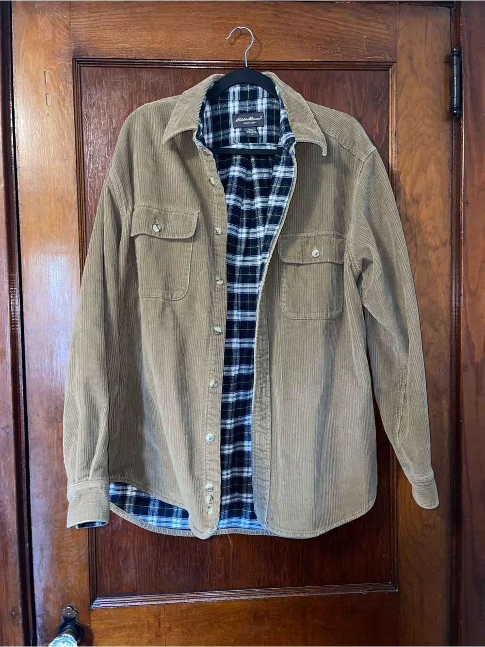 Eddie Bauer Olive Brown Corduroy Shirt Jacket with Plaid Lining
